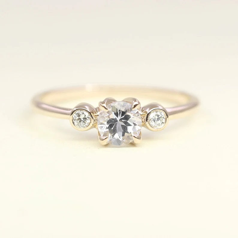 14K ROUND AQUAMARINE DIAMOND BEZEL RING