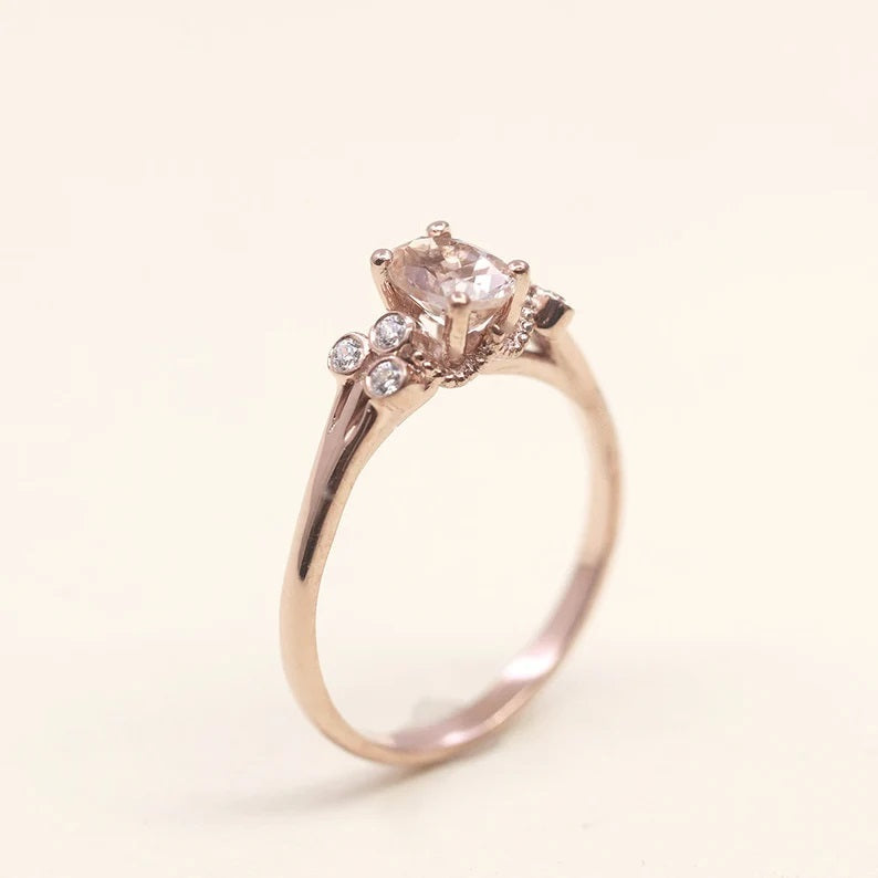 14K OVAL MORGANITE DIAMOND BEZEL CLUSTER RING
