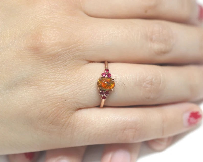 14K OVAL OPAL RUBY CLUSTER RING
