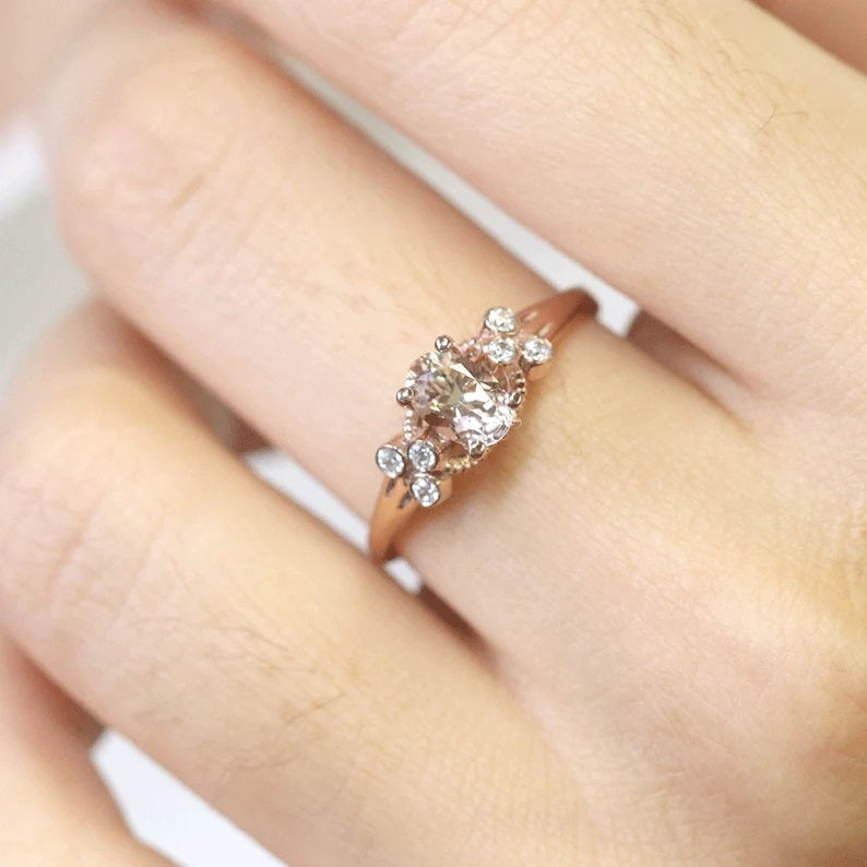 14K OVAL MORGANITE DIAMOND BEZEL CLUSTER RING