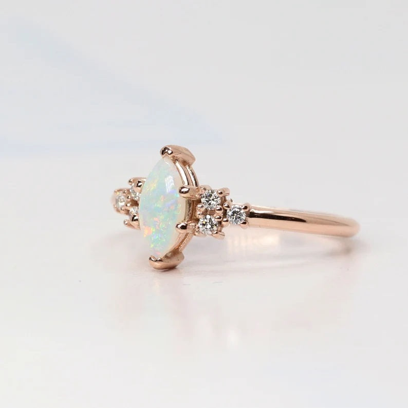 14K MARQUISE OPAL DIAMOND CLUSTER RING