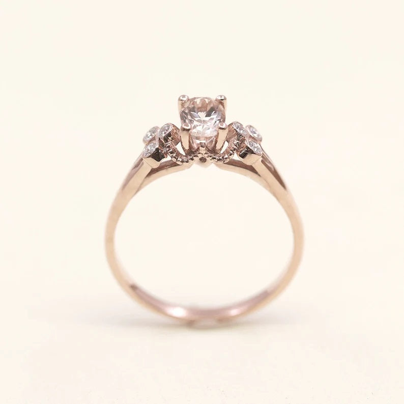 14K OVAL MORGANITE DIAMOND BEZEL CLUSTER RING