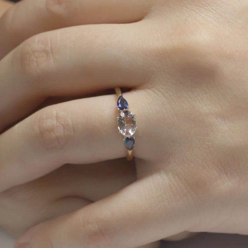 14K OVAL PINK MORGANITE PEAR SAPPHIRE RING