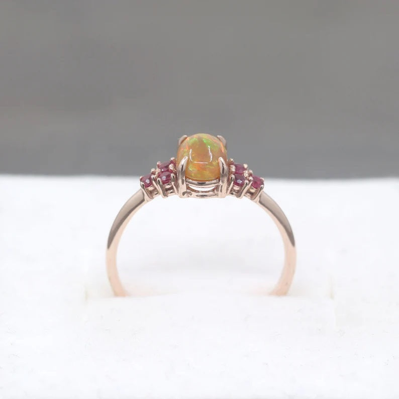 14K OVAL OPAL RUBY CLUSTER RING