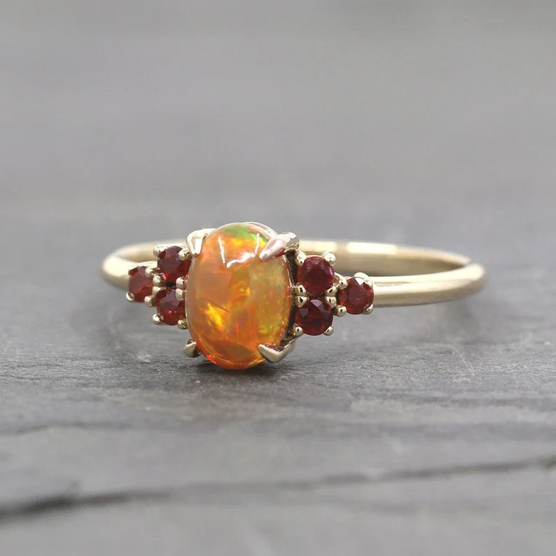 14K OVAL OPAL RUBY CLUSTER RING