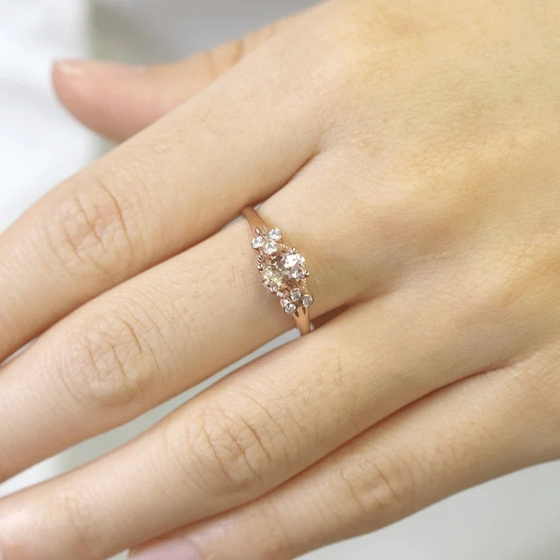 14K OVAL MORGANITE DIAMOND BEZEL CLUSTER RING