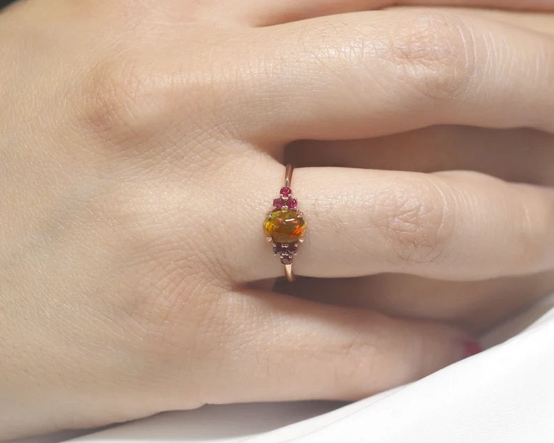 14K OVAL OPAL RUBY CLUSTER RING