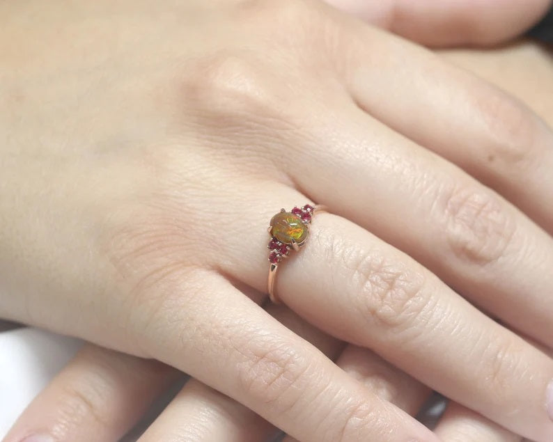 14K OVAL OPAL RUBY CLUSTER RING