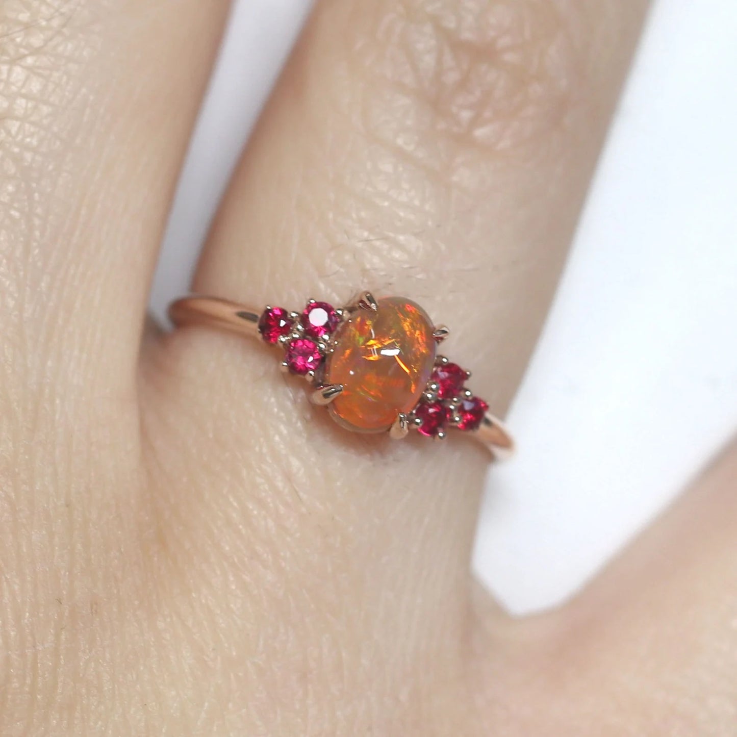 14K OVAL OPAL RUBY CLUSTER RING