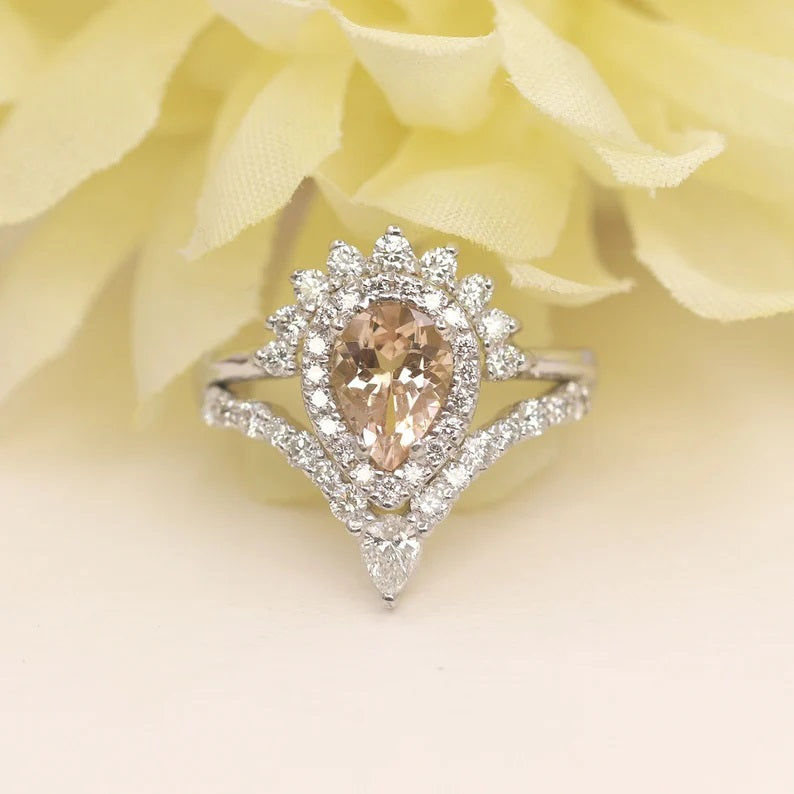 14K PEAR MORGANITE DIAMOND HALO CROWN CHEVRON RING