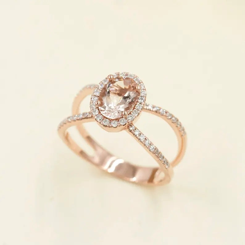 14K OVAL MORGANITE DIAMOND HALO DOUBLE BAND RING