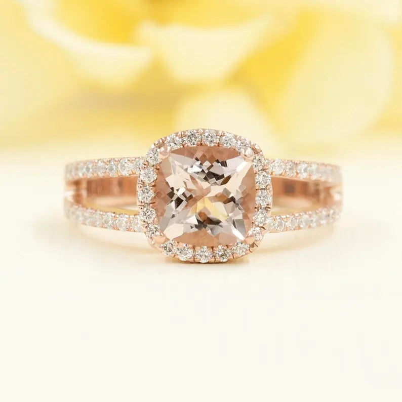 14K CUSHION MORGANITE DIAMOND HALO RING