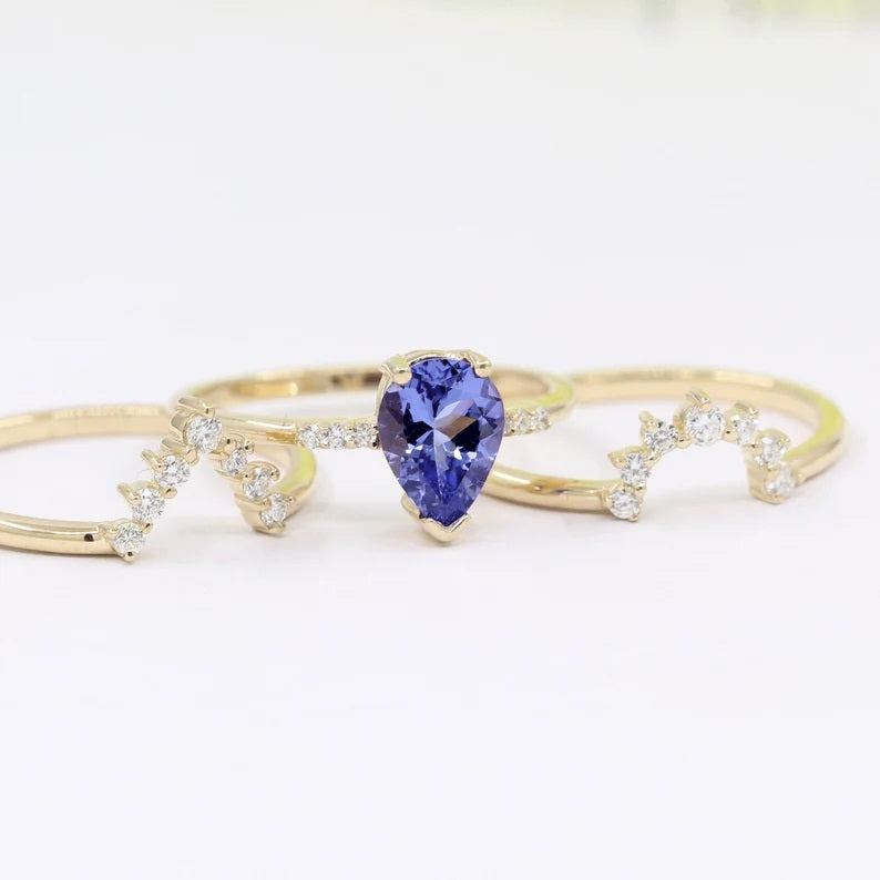 14K PEAR TANZANITE RING DIAMOND CROWN BAND 3 RING SET
