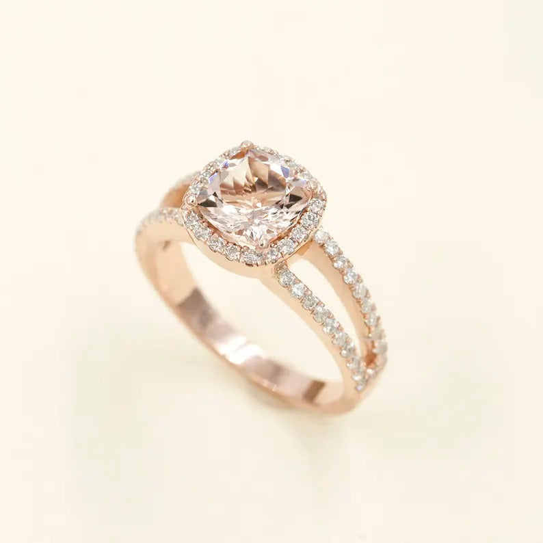 14K CUSHION MORGANITE DIAMOND HALO RING