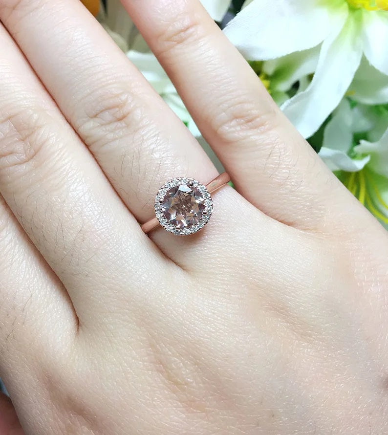 14K MORGANITE DIAMOND HALO SOLITAIRE RING