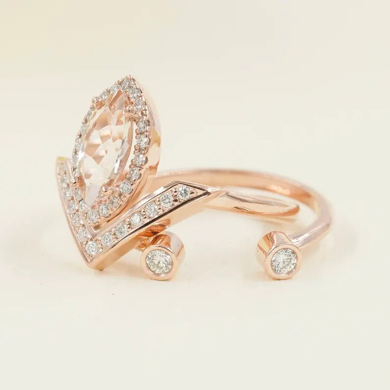 14K MARQUISE MORGANITE DIAMOND V RING OPEN BAND 2 RING SET