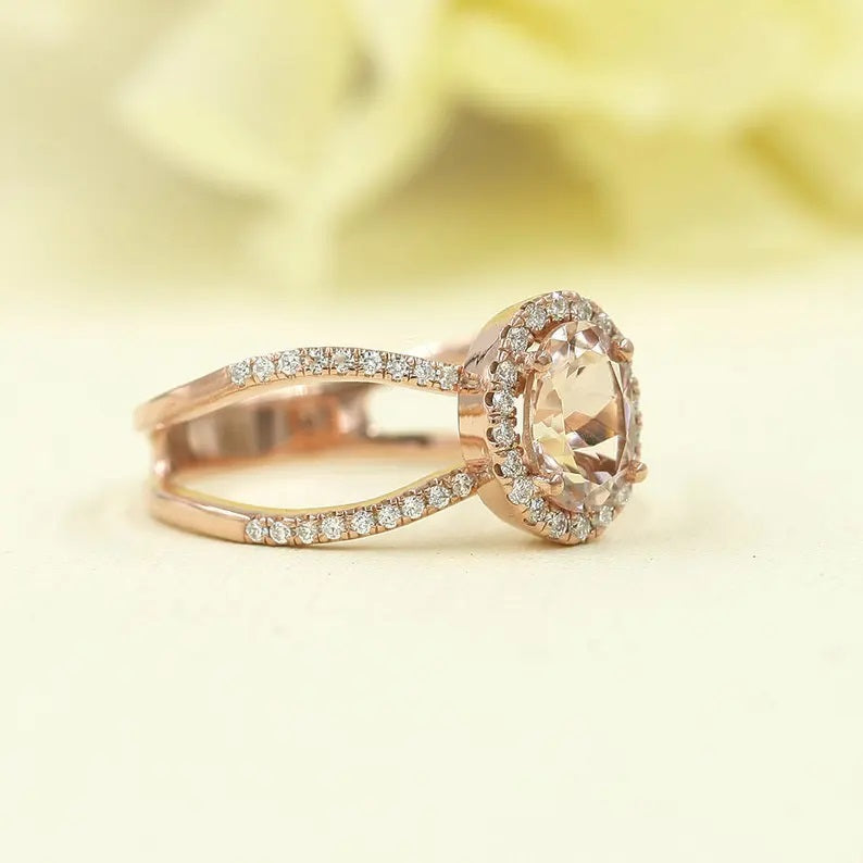 14K OVAL MORGANITE DIAMOND HALO DOUBLE BAND RING