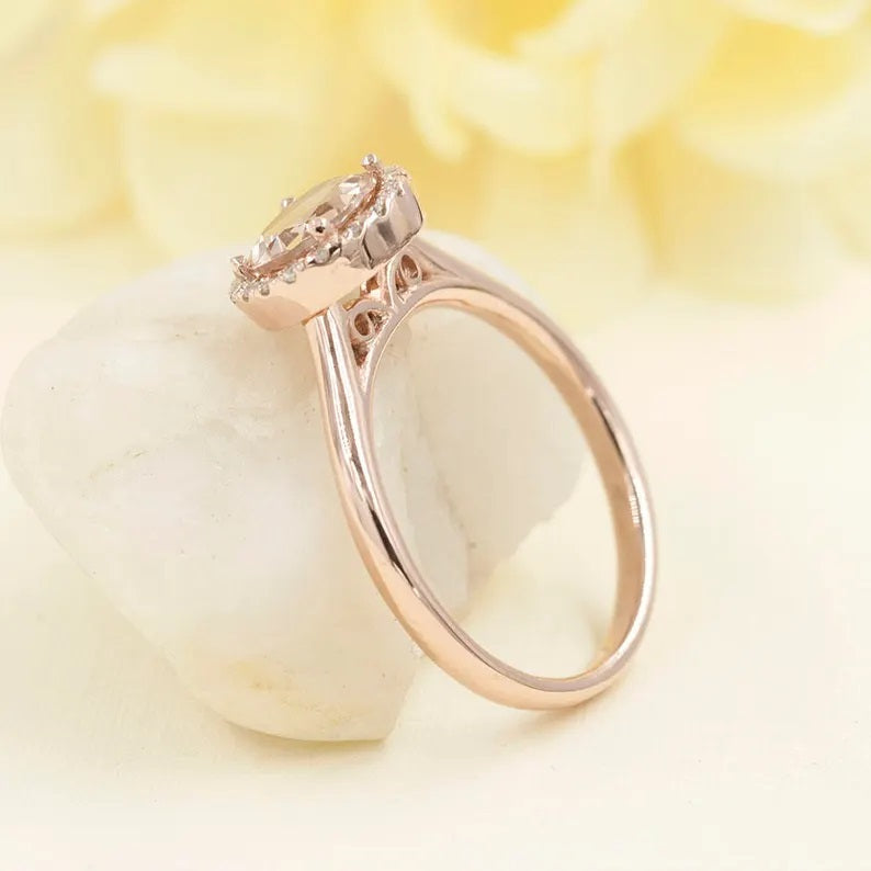 14K MORGANITE DIAMOND HALO SOLITAIRE RING