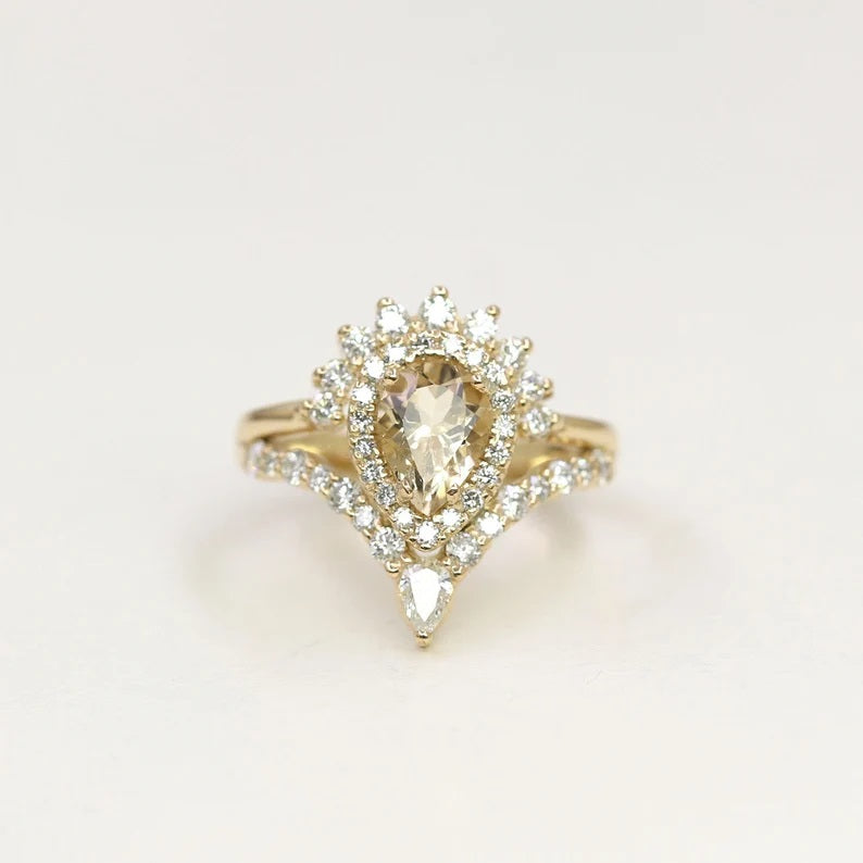 14K PEAR MORGANITE DIAMOND HALO CROWN CHEVRON RING