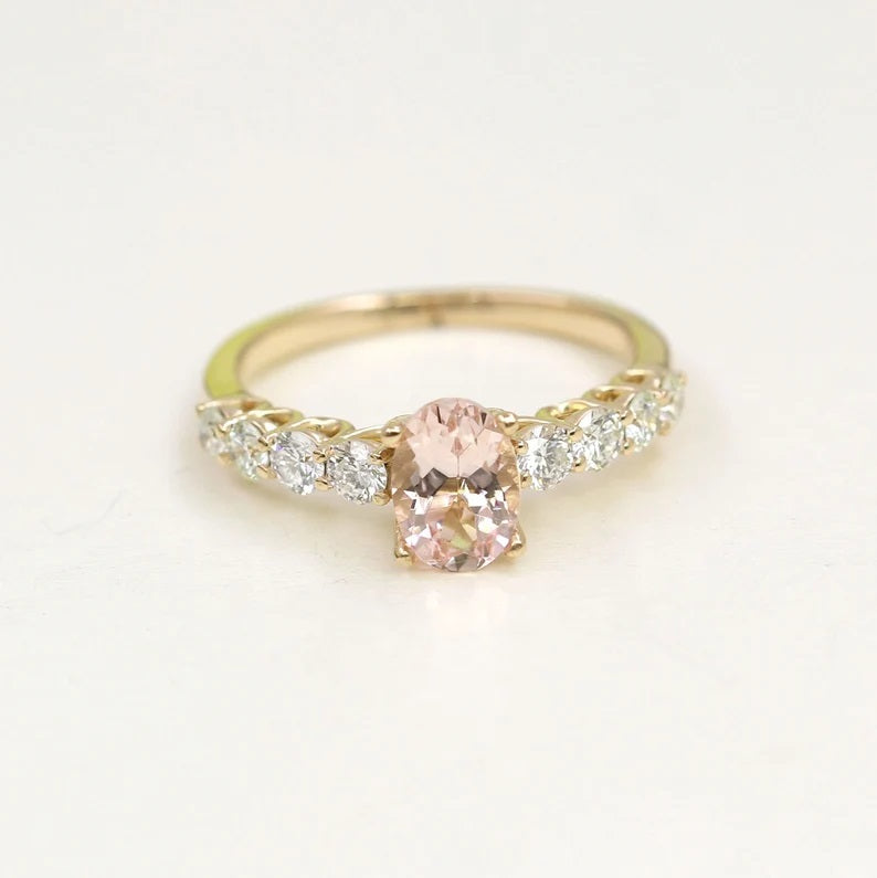 14K OVAL PINK MORGANITE DIAMOND RING