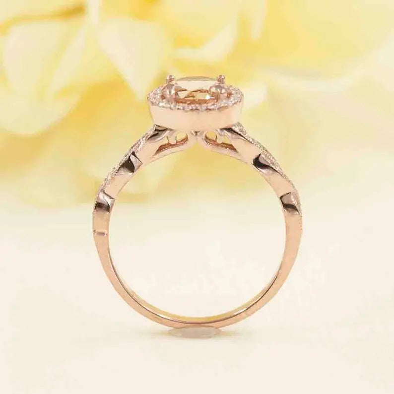 14K MORGANITE DIAMOND HALO RING TWIST BAND 2 RING SET
