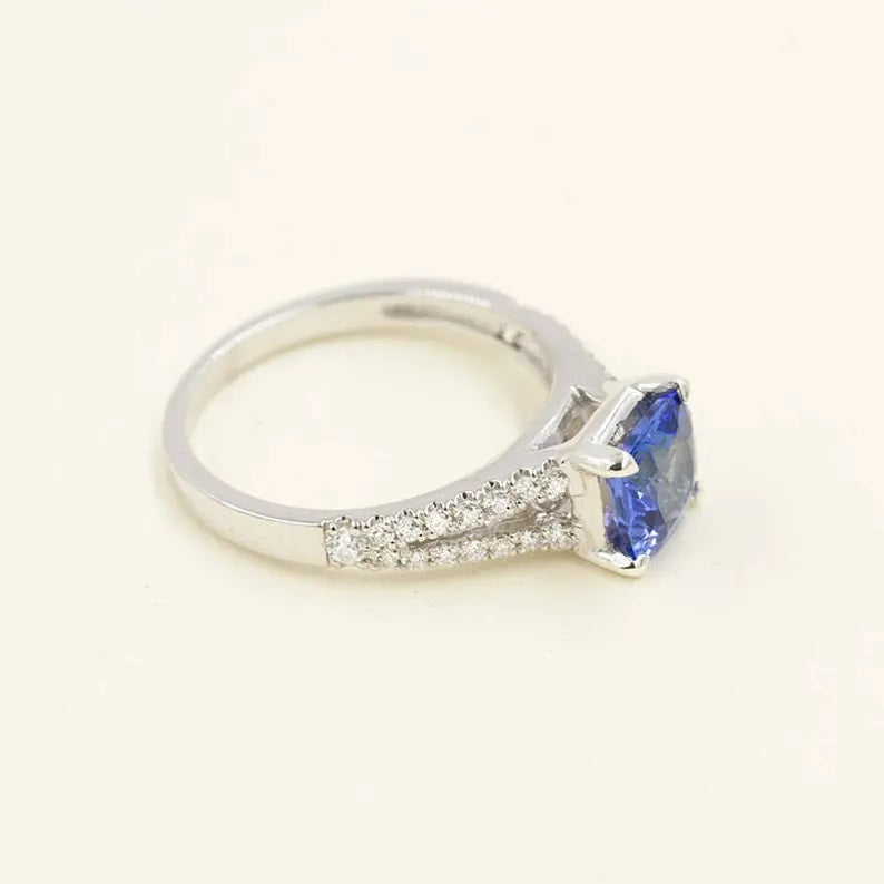14K CUSHION TANZANITE DIAMOND DOUBLE BAND RING
