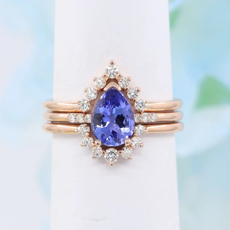 14K PEAR TANZANITE RING DIAMOND CROWN BAND 3 RING SET