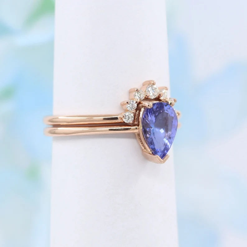 14K PEAR TANZANITE RING DIAMOND CROWN BAND 2 RING SET