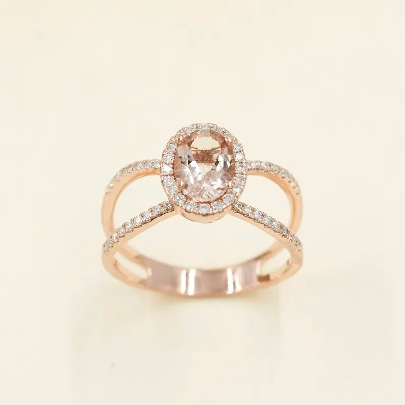 14K OVAL MORGANITE DIAMOND HALO DOUBLE BAND RING