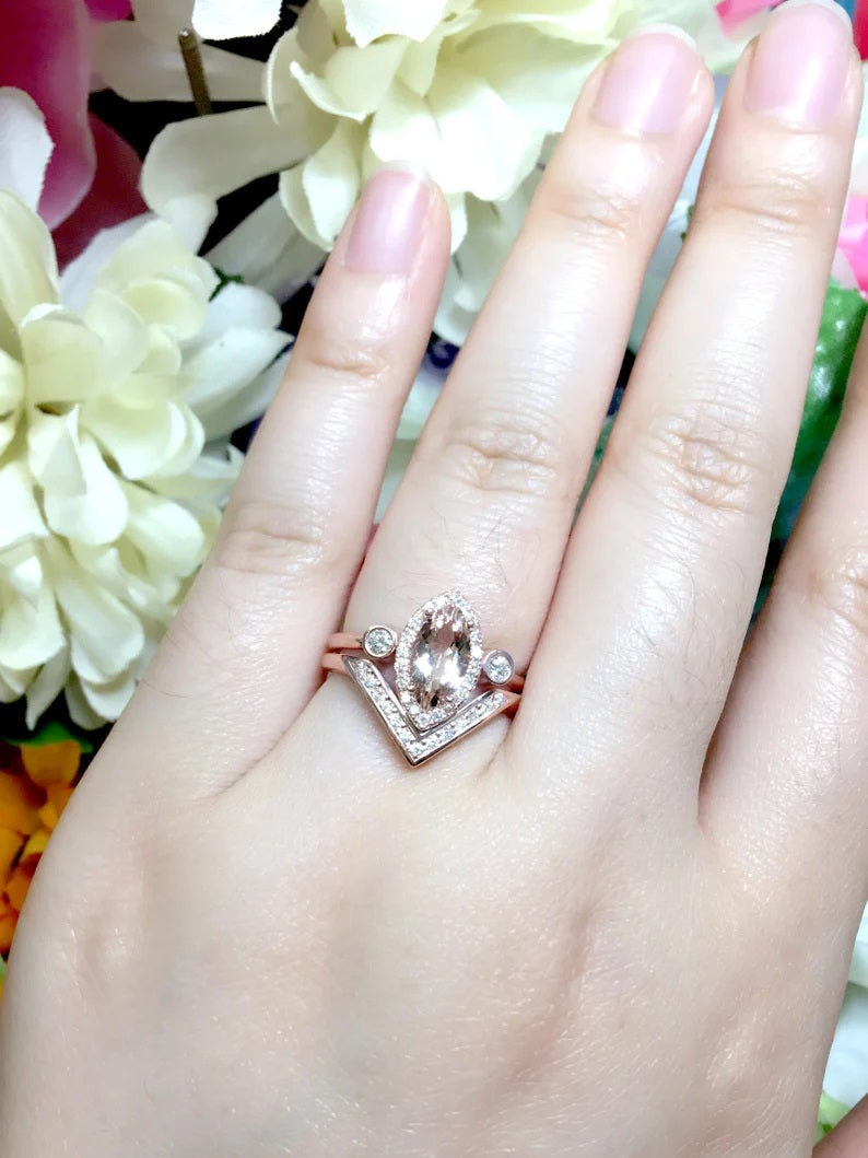 14K MARQUISE MORGANITE DIAMOND V RING OPEN BAND 2 RING SET