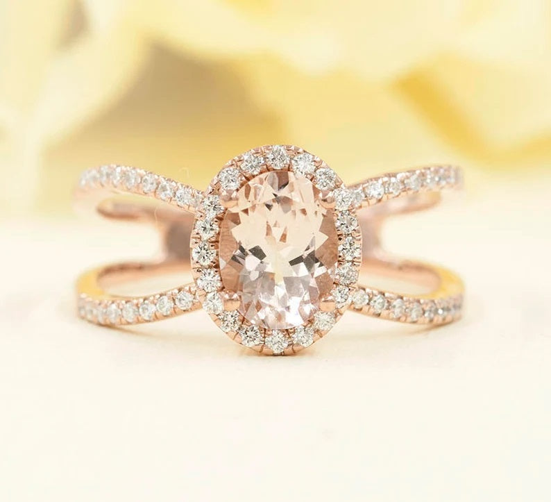 14K OVAL MORGANITE DIAMOND HALO DOUBLE BAND RING
