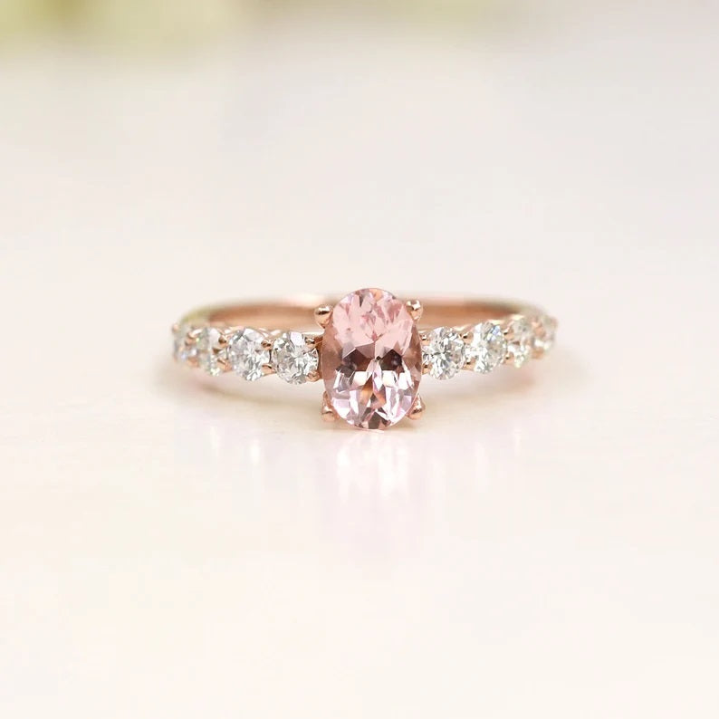 14K OVAL PINK MORGANITE DIAMOND RING
