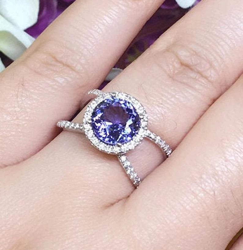 14K TANZANITE DIAMOND HALO DOUBLE BAND RING