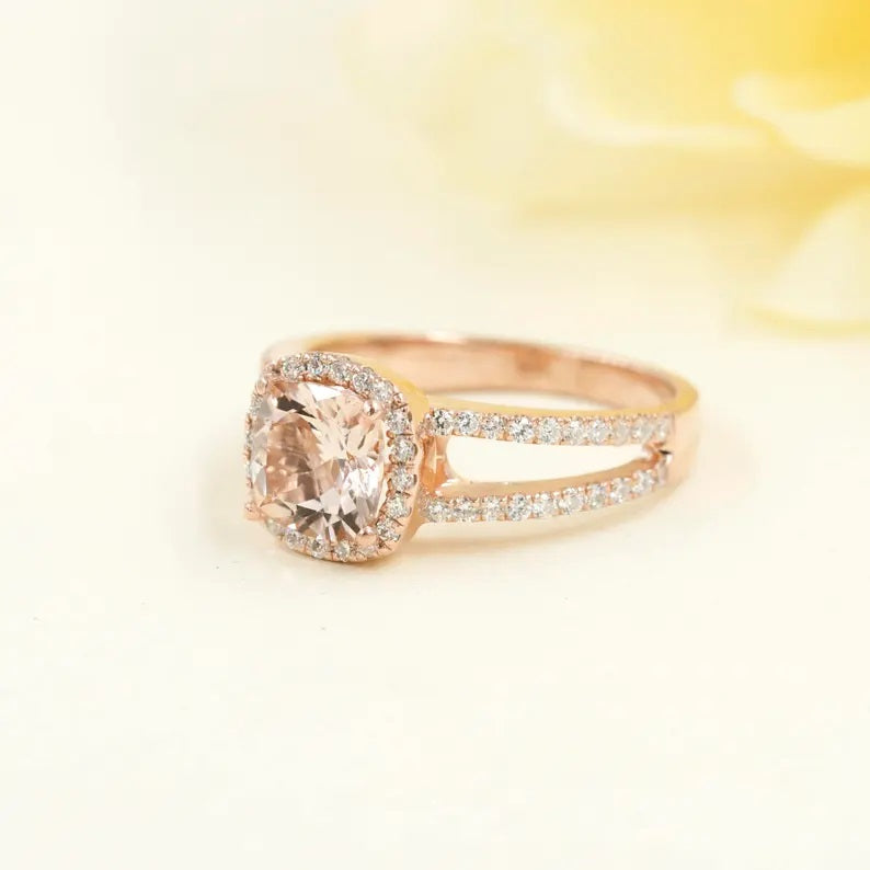 14K CUSHION MORGANITE DIAMOND HALO RING