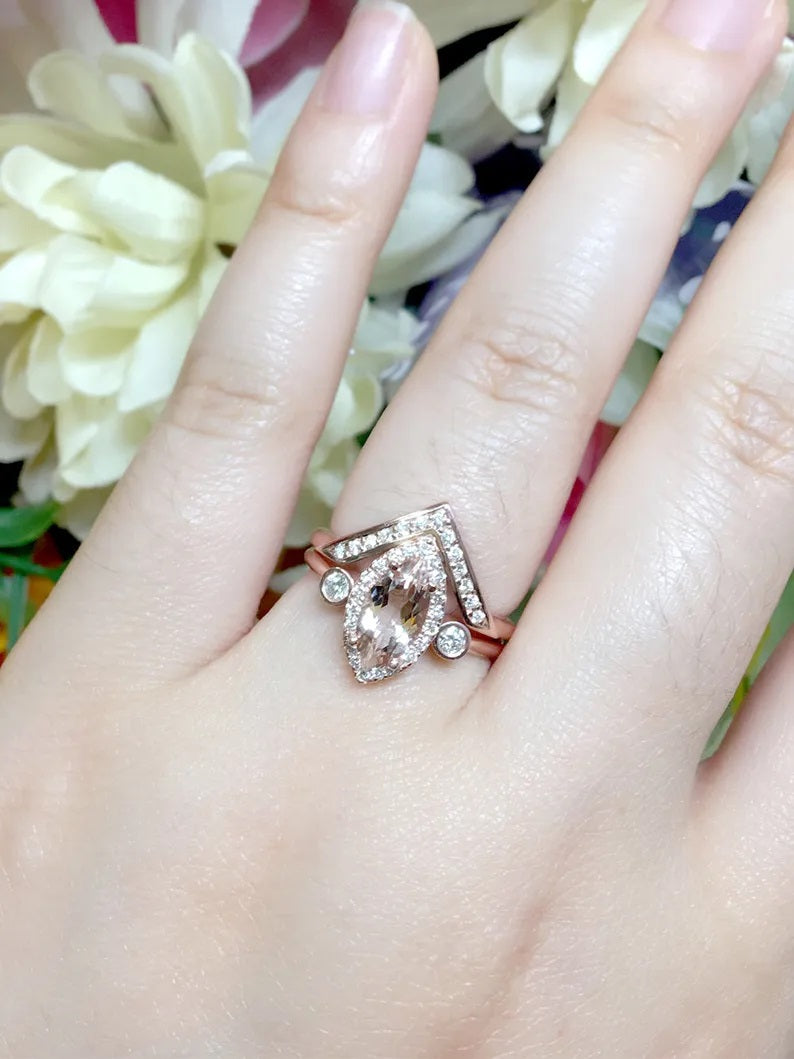 14K MARQUISE MORGANITE DIAMOND V RING OPEN BAND 2 RING SET
