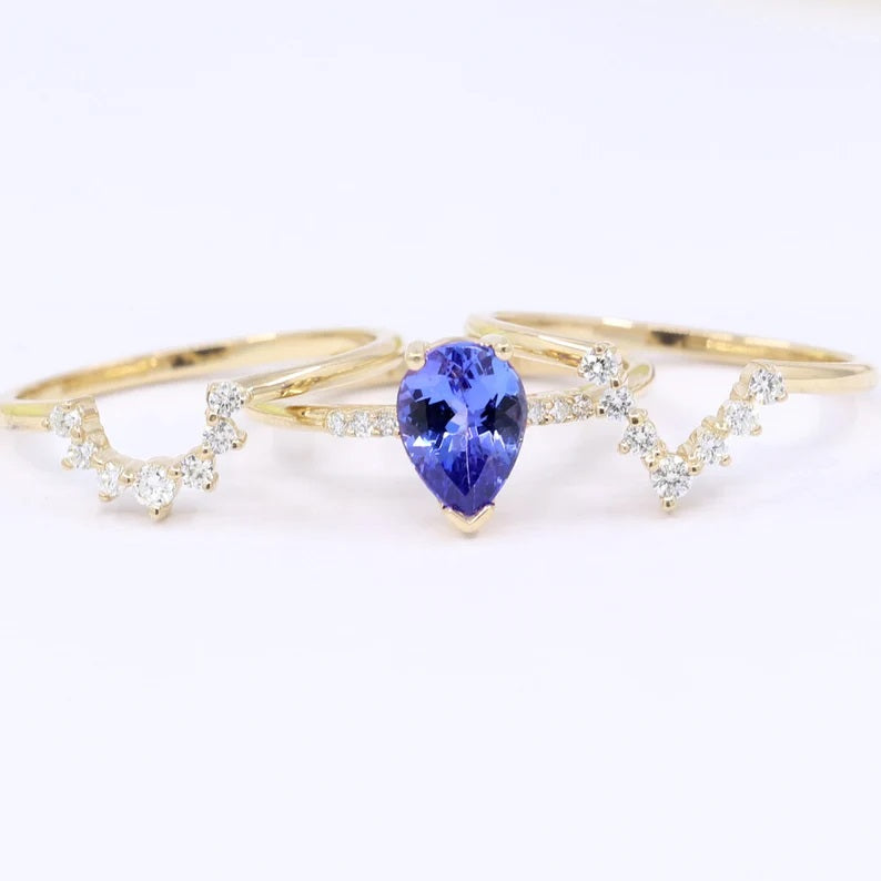 14K PEAR TANZANITE RING DIAMOND CROWN BAND 3 RING SET