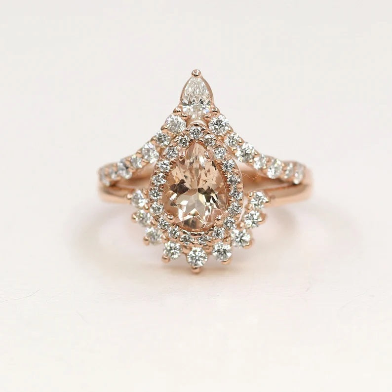 14K PEAR MORGANITE DIAMOND HALO CROWN CHEVRON RING