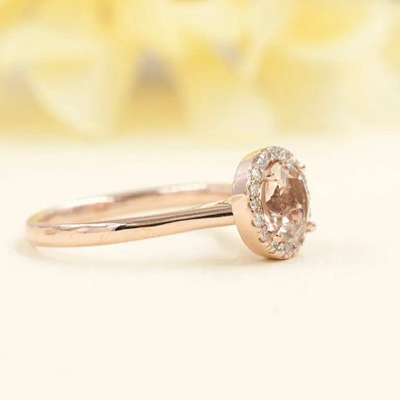 14K MORGANITE DIAMOND HALO SOLITAIRE RING