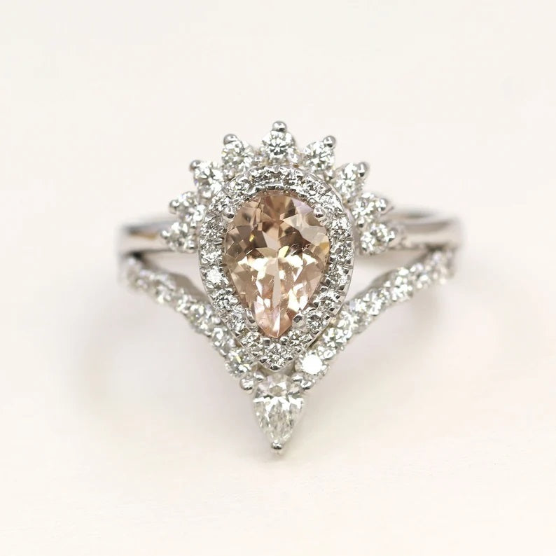 14K PEAR MORGANITE DIAMOND HALO CROWN CHEVRON RING