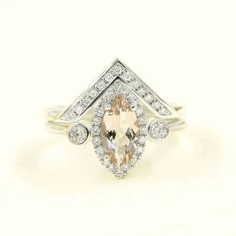 14K MARQUISE MORGANITE DIAMOND V RING OPEN BAND 2 RING SET