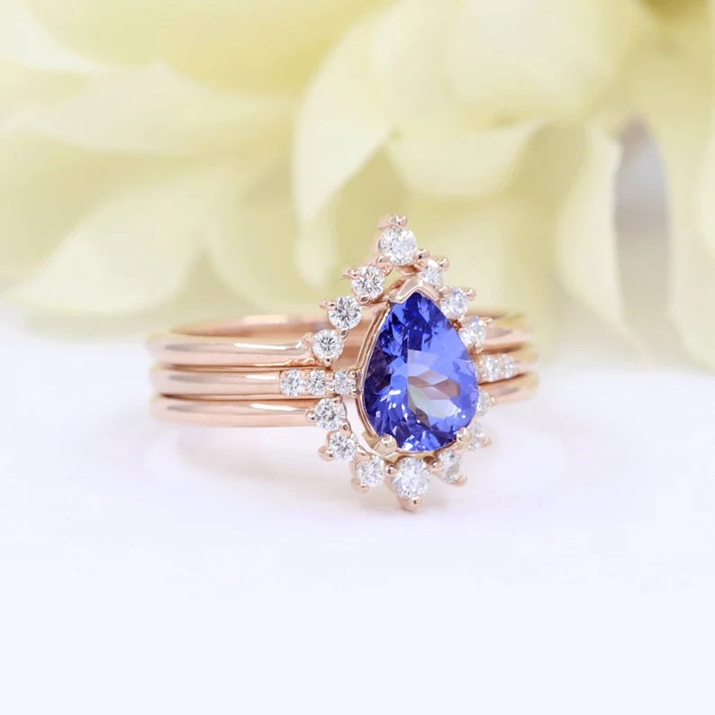 14K PEAR TANZANITE RING DIAMOND CROWN BAND 3 RING SET