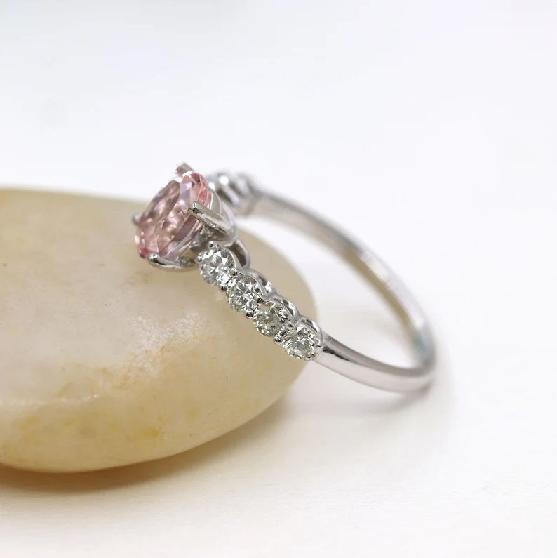 14K OVAL PINK MORGANITE DIAMOND RING