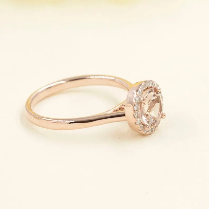 14K MORGANITE DIAMOND HALO SOLITAIRE RING