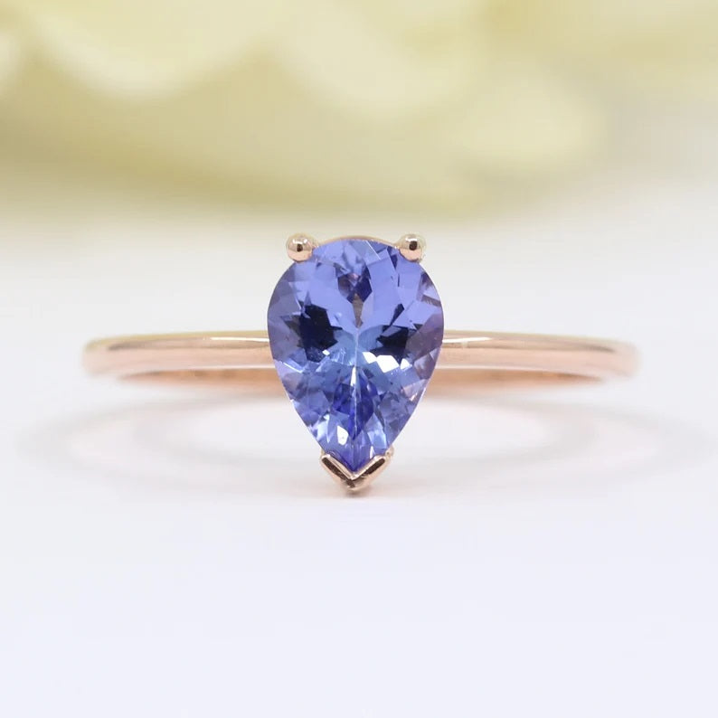 14K PEAR TANZANITE RING DIAMOND CROWN BAND 2 RING SET