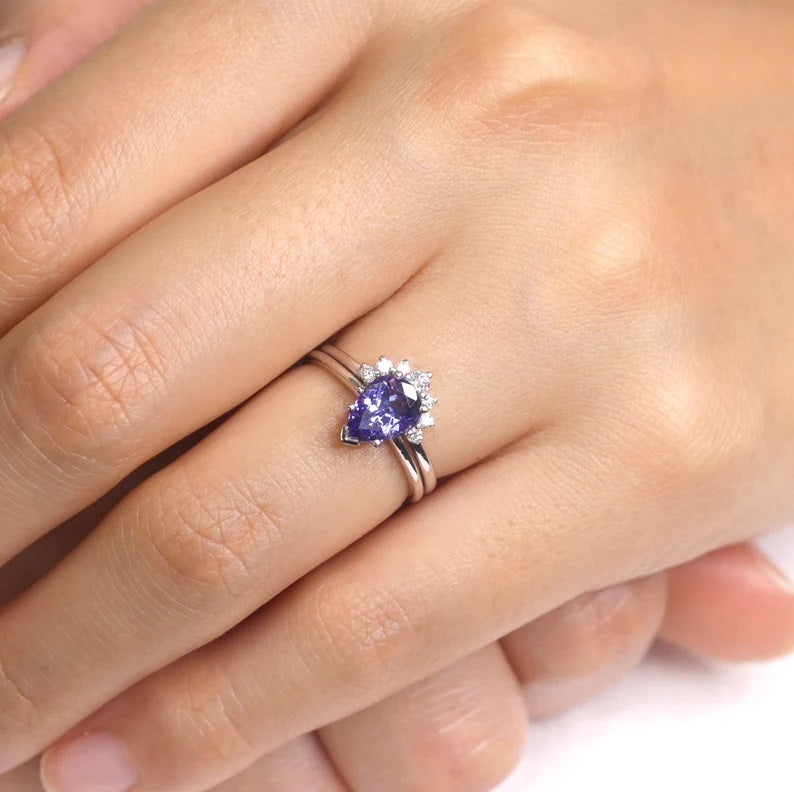 14K PEAR TANZANITE RING DIAMOND CROWN BAND 2 RING SET