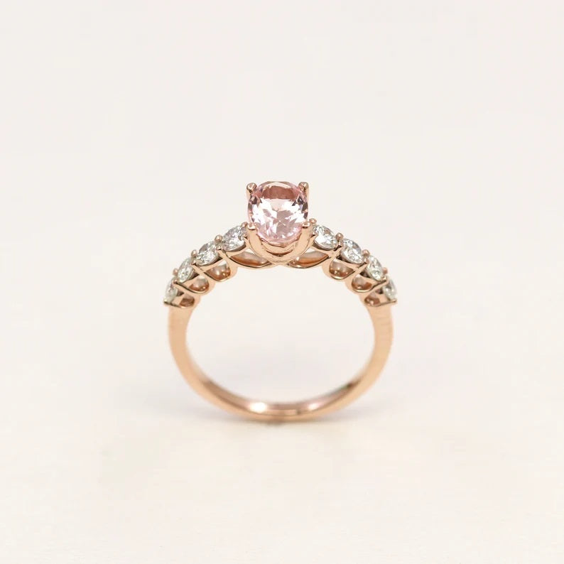 14K OVAL PINK MORGANITE DIAMOND RING