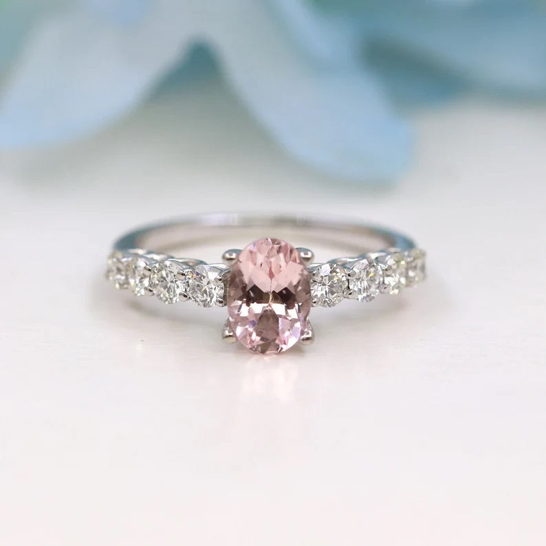 14K OVAL PINK MORGANITE DIAMOND RING