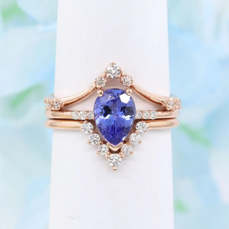14K PEAR TANZANITE RING DIAMOND V BAND 3 RING SET