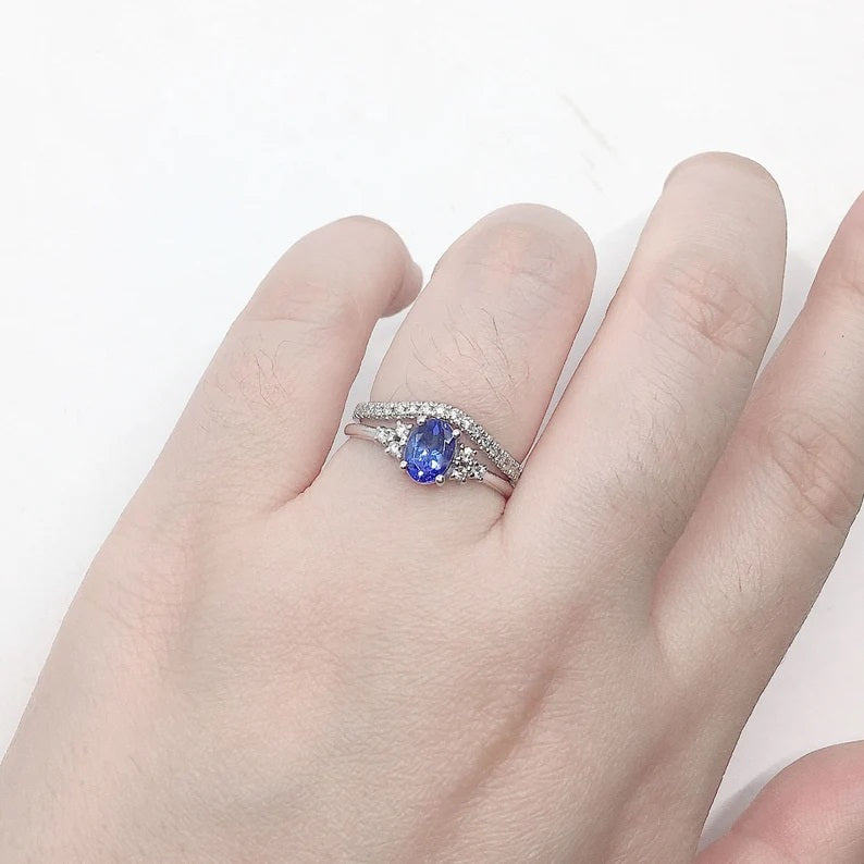 14K TANZANITE DIAMOND CLUSTER RING DIAMOND CURVE BAND 2 RING SET
