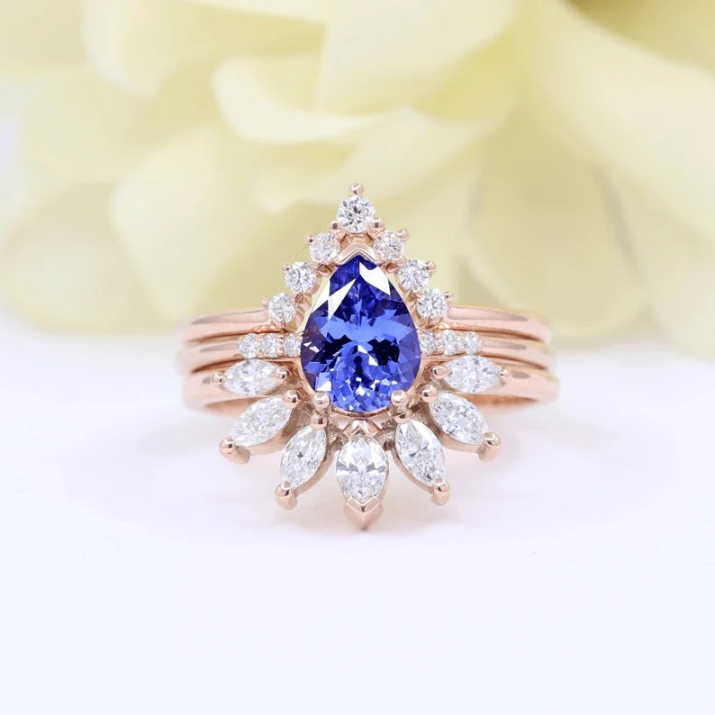 14K PEAR TANZANITE RING MARQUISE DIAMOND CROWN BAND 3 RING SET